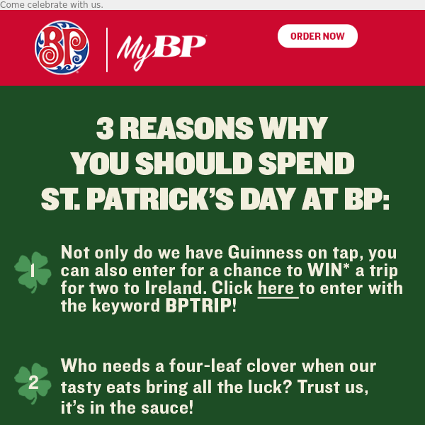 Soak up some Irish luck at BP this St. Patrick’s Day!🍀🍻