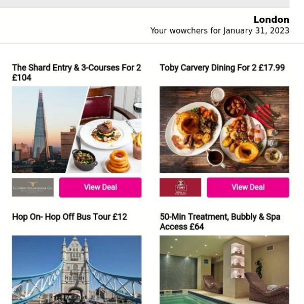 The Shard Entry & 3-Courses For 2 £104 | Toby Carvery Dining For 2 £17.99 | Hop On- Hop Off Bus Tour £12.50 | 50-Min Treatment, Bubbly & Spa Access £64 | 4* The Belfry Luxury Hotel Stay for 2