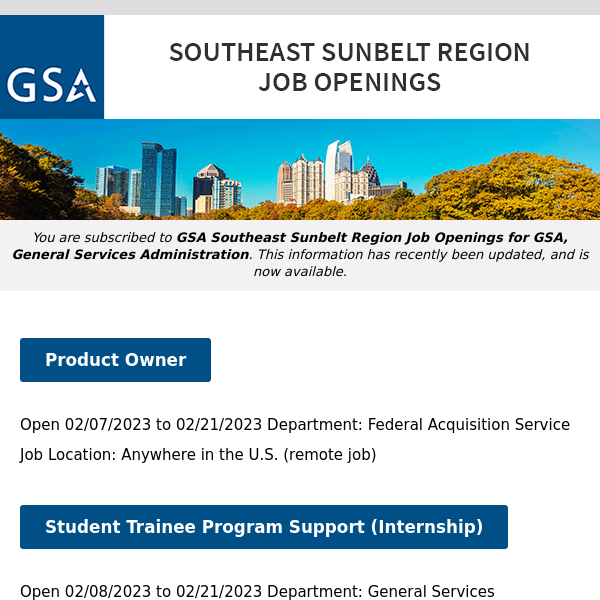 New/Current Job Opportunities in the GSA Southeast Sunbelt Region