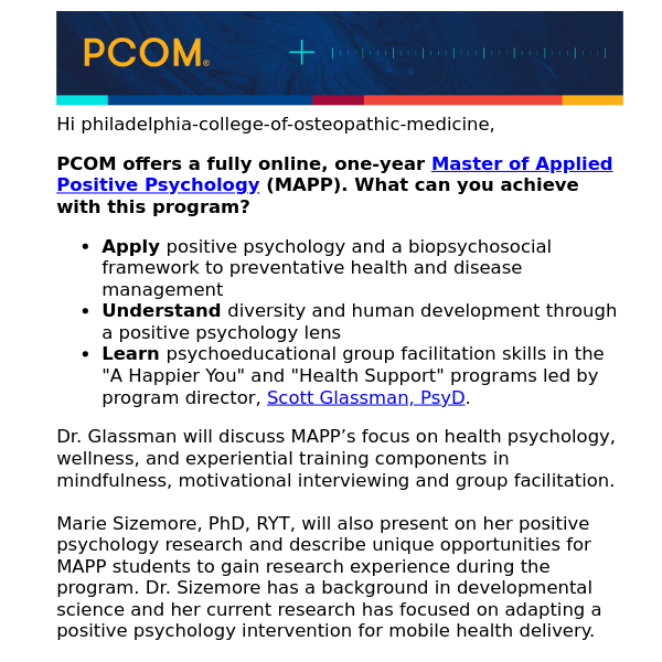 Philadelphia College of Osteopathic Medicine, register for an info session on our fully online positive psychology MS program