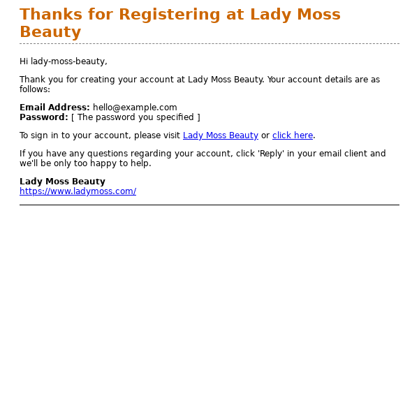 Thanks for Registering at Lady Moss Beauty