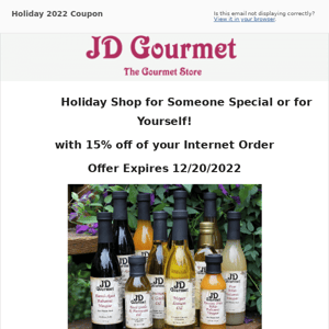 JD Gourmet Holiday Coupon - 15% Off of your Internet Order