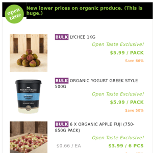 LYCHEE 1KG ($5.99 / PACK), ORGANIC YOGURT GREEK STYLE 500G and many more!