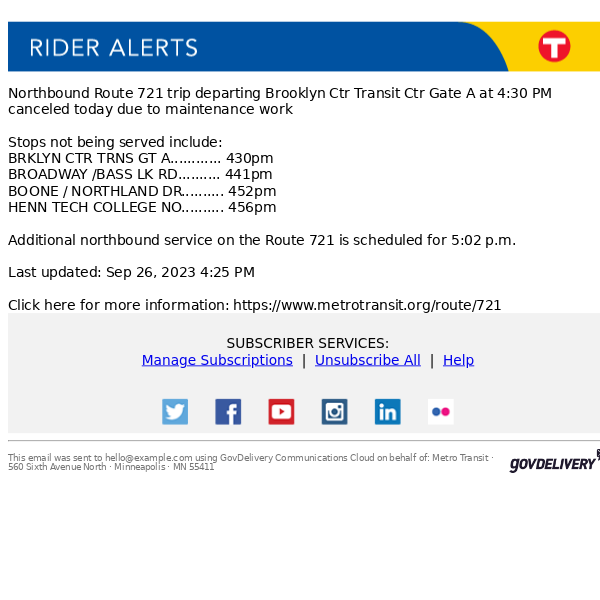 Route 721 trip departing Brooklyn Ctr Transit Ctr Gate A at 4:30 PM canceled