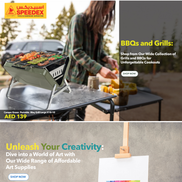 Warm Vibes, Cool Finds! 🌞 Indulge in BBQ Favorites, Artistic Inspirations, Camping Retreats, and much more, all at Speedex Tools! 🌭🎨