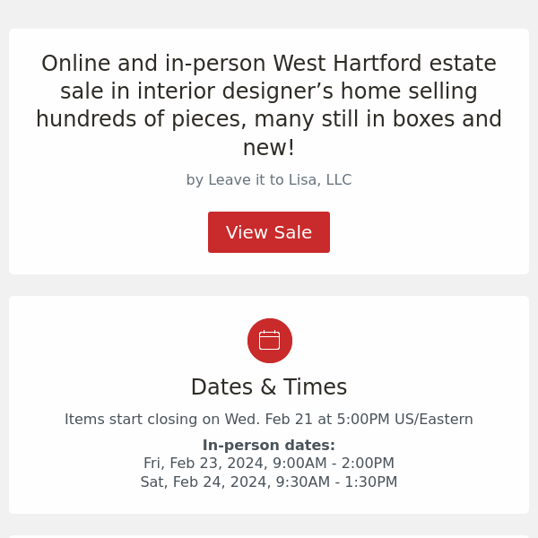 Online and in-person West Hartford estate sale in interior designer’s home selling hundreds of pieces, many still in boxes and new!