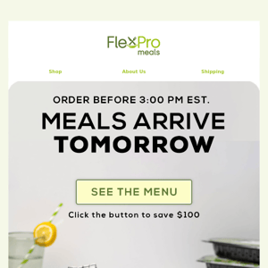 Meals Delivered Tomorrow + $100 Off (2 Hours Only)