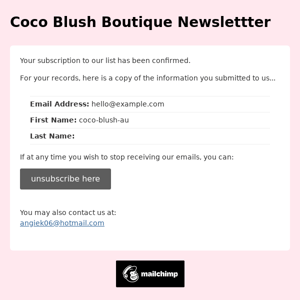 Coco Blush Boutique Newslettter: Subscription Confirmed