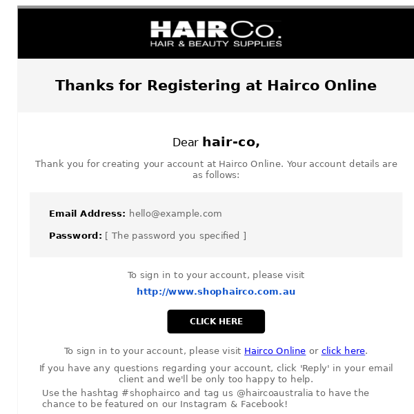 Thanks for Registering at Hairco Online