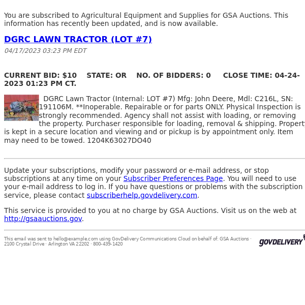 GSA Auctions Agricultural Equipment and Supplies Update
