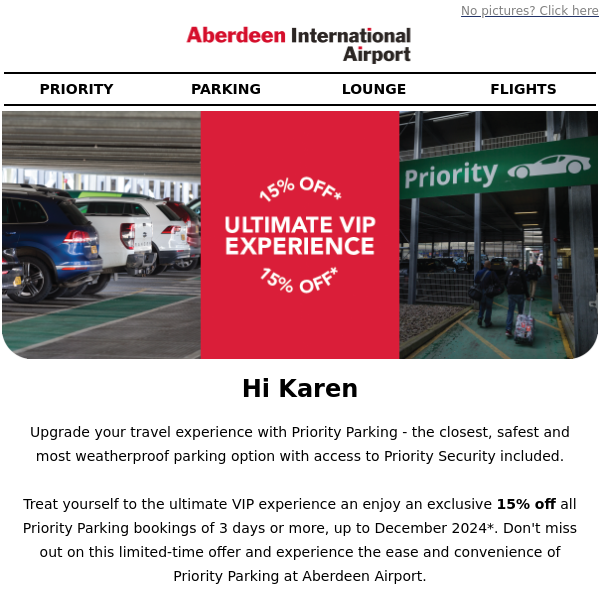 Treat yourself to the ultimate VIP experience with 15% off Priority Parking Aberdeen Airport* 🚗✈️