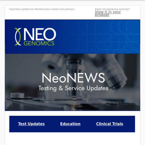 NeoNEWS - Testing and Service Updates from NeoGenomics - CORRECTED