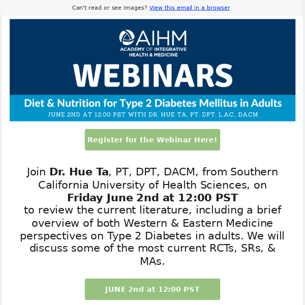Webinar | June 2 | Diet & Nutrition for Type 2 Diabetes Mellitus with Dr. Hue Ta