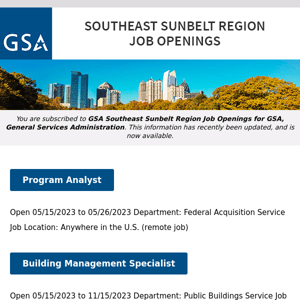 New/Current Job Opportunities in the GSA Southeast Sunbelt Region