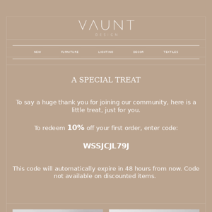 Vaunt Design, Take 10% Off Your First Order.