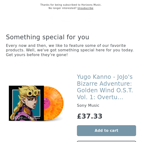 NEW!  Yugo Kanno - JoJo's Bizarre Adventure: Golden Wind O.S.T. Vol. 1: Overture [2LP Coloured Vinyl]