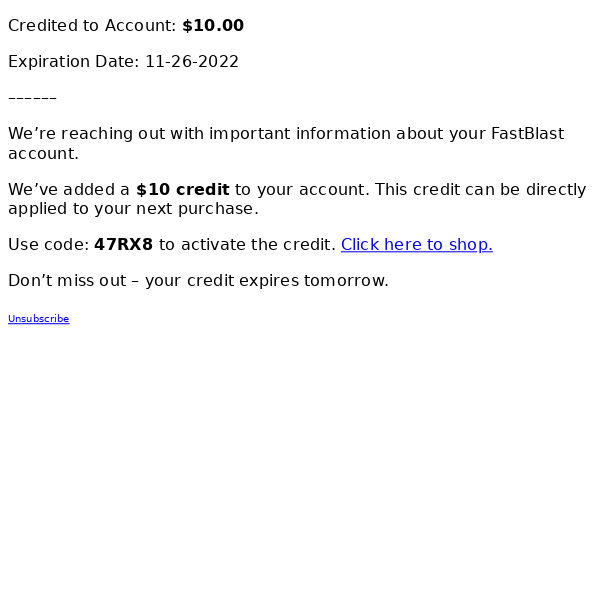 Account Update: $10 Credit Added.