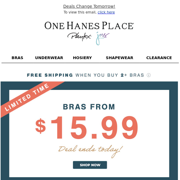 Flash Sale: Bras from $15.99 + Bras Ship FREE - OneHanesPlace Email Archive