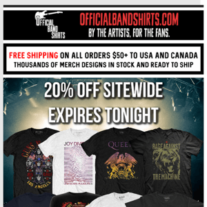 Expires Tonight: 20% Off All Band Shirts, No Order Minimum🤘