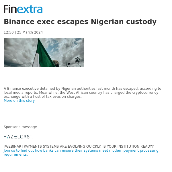 Finextra News Flash: Binance exec escapes Nigerian custody