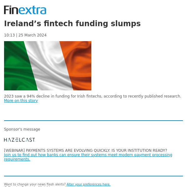 Finextra News Flash: Ireland’s fintech funding slumps