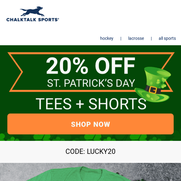 20% Off St. Patrick's Day Sports Shorts + Tees!