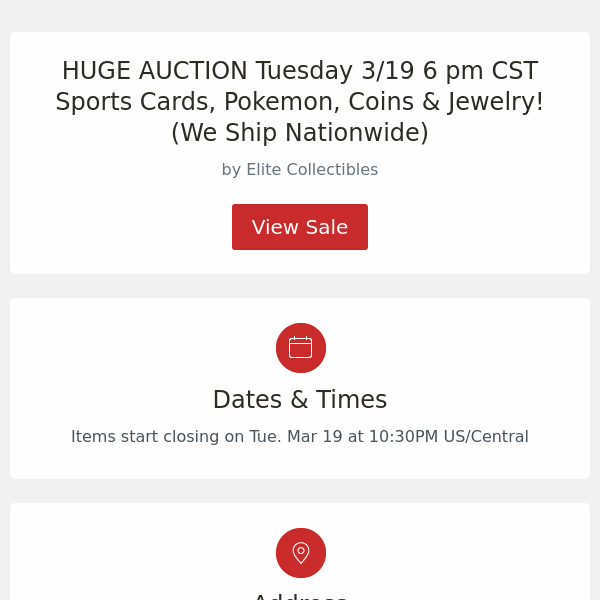 HUGE AUCTION Tuesday 3/19 6 pm CST Sports Cards, Pokemon, Coins & Jewelry! (We Ship Nationwide)