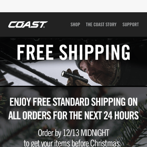 Free standard shipping on all orders for 24-hours