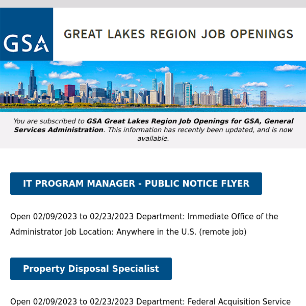 New/Current Job Opportunities in the GSA Great Lakes Region