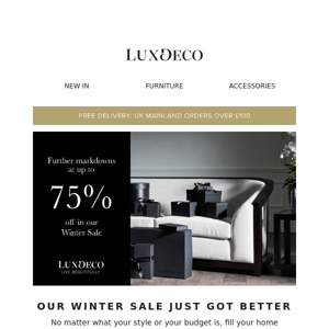 Winter sale | Up to 75% off luxury furniture, lighting and home accessories