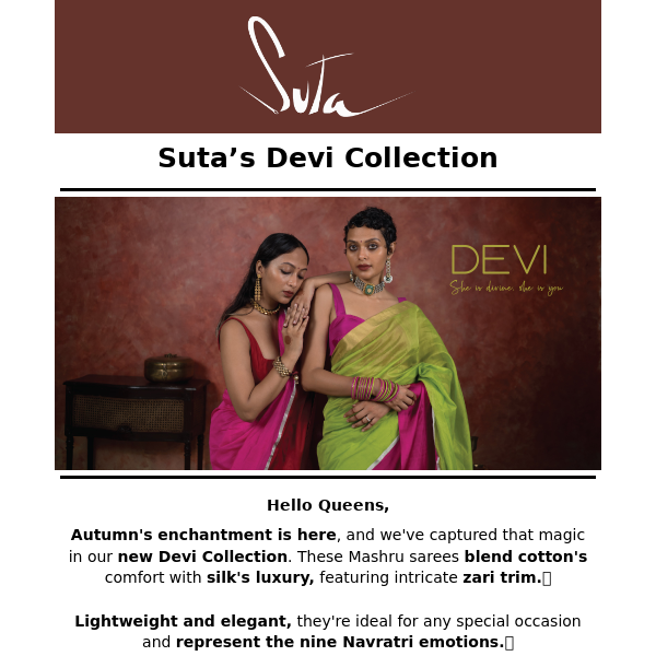 Embrace Autumn with Suta's New Devi Collection of Mashru Sarees!