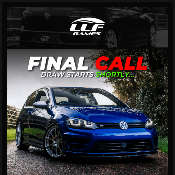 ⏰ LLF Games, LAST CALL to WIN a 411bhp Golf R or a quick £12,500 cash at 10pm for JUST 39p or LESS!