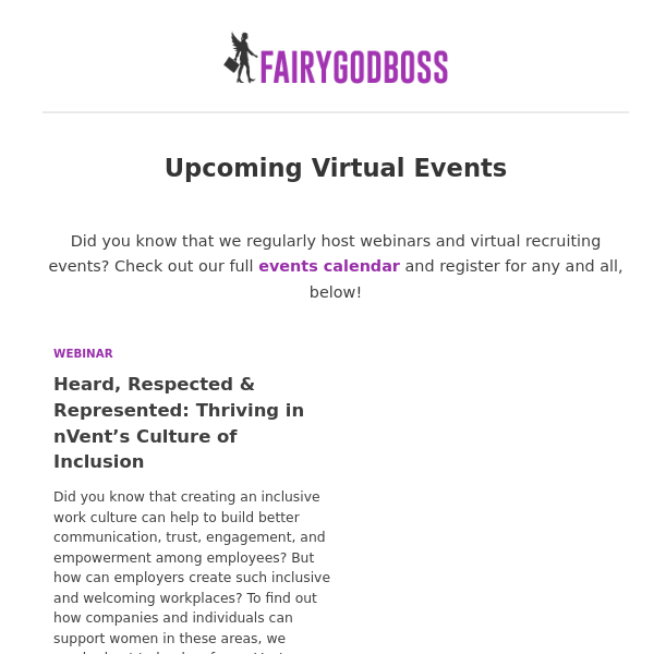 📣 Just for YOU! Upcoming Virtual Events on Fairygodboss