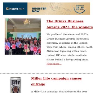 The Drinks Business Awards 2023: the winners / Miller Lite campaign causes outrage / NZ approves pioneering biofungicide /