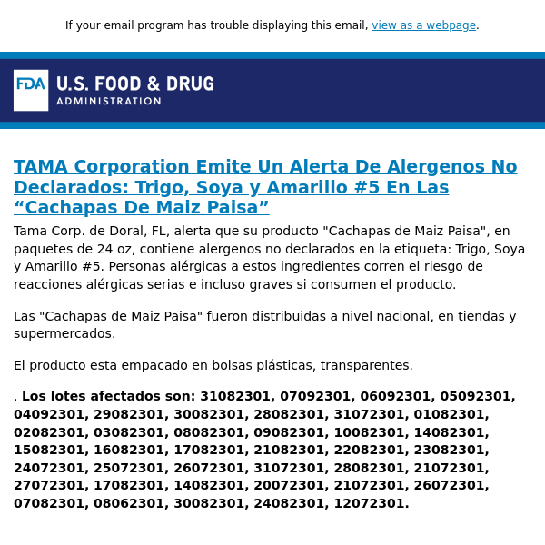 TAMA Corporation Emite Un Alerta De Alergenos No Declarados: Trigo, Soya y Amarillo #5 En Las “Cachapas De Maiz Paisa”