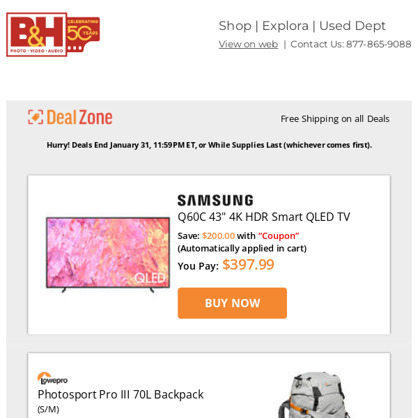 Today's Deals: Samsung 43" 4K HDR Smart QLED TV, Lowepro Photosport Pro III 70L Backpack, Benro SLIM Video Tripod Kit, Colbor 330W Bi-Color COB LED Video Light & More