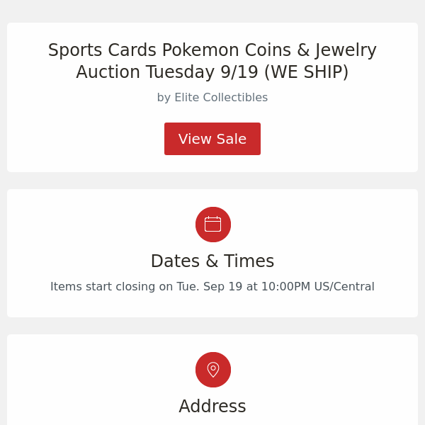 Sports Cards Pokemon Coins & Jewelry Auction Tuesday 9/19 (WE SHIP)