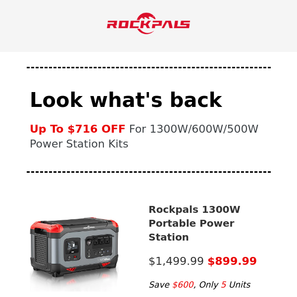 Up To $716 OFF For 1300W/600W/500W Power Station Kits, As low As $89.99 For Rockpals Limited Deals
