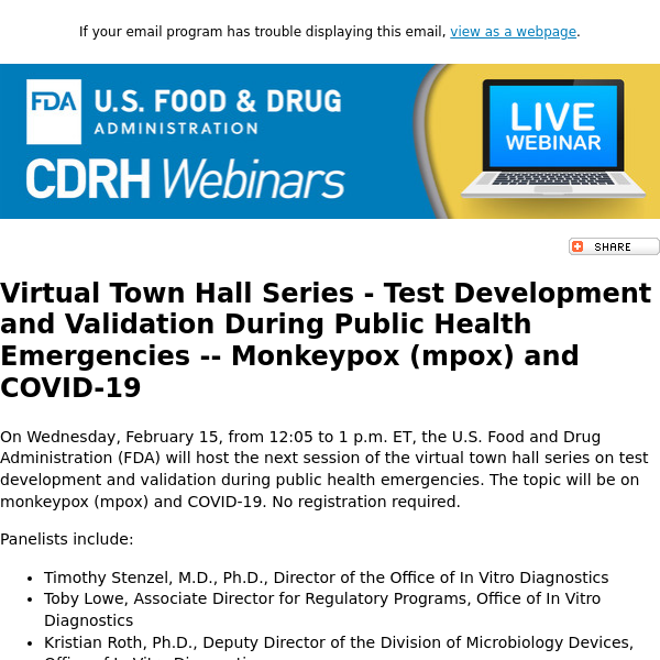 Submit Questions for the February 15 Virtual Town Hall Series - Test Development and Validation During Public Health Emergencies: Monkeypox (mpox) and COVID-19