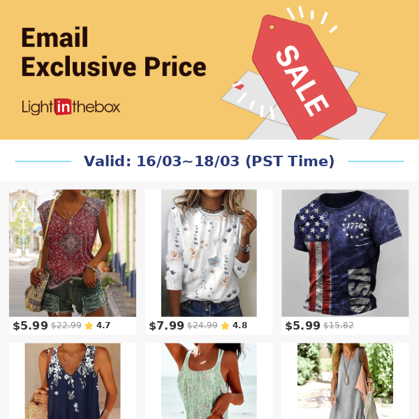 Email Exclusive-Get Tank Tops & Camis at USD $5.99