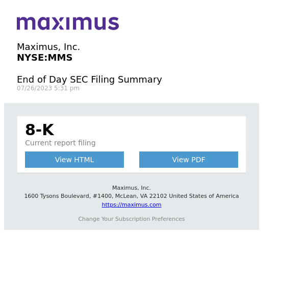 Daily SEC Filing Alert for Maximus, Inc. (MMS)