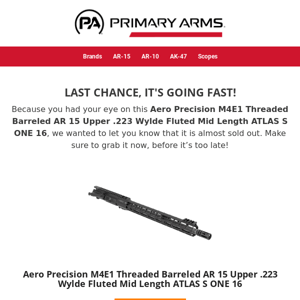 ⚡ It’s almost gone! See if Aero Precision M4E1 Threaded Barreled AR 15 Upper .223 Wylde Fluted Mid Length ATLAS S ONE 16 is available ⚡