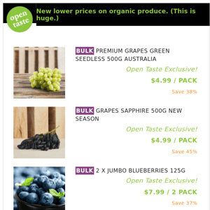 PREMIUM GRAPES GREEN SEEDLESS 500G AUSTRALIA ($4.99 / PACK), GRAPES SAPPHIRE 500G NEW SEASON and many more!