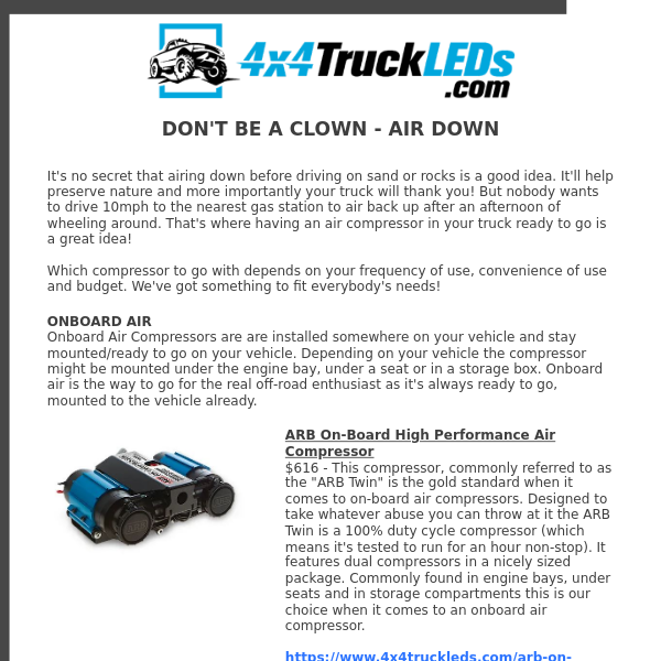 Don't Be A Clown, Air Down! | Air Compressors in Stock at 4x4TruckLEDs.com