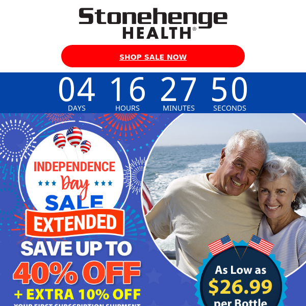 🤩 Star-spangled savings + zero-cost shipping are back, Stonehenge Health