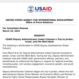 READOUT: USAID Deputy Administrator Isobel Coleman’s Trip to Jordan, Israel, and the West Bank