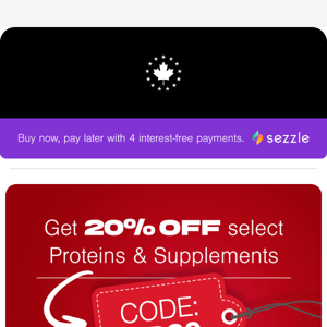 🚨SALE ALERT: 20% OFF SELECT PROTEINS & SUPPLEMENTS + FREE SHAKER BOTTLE🚨