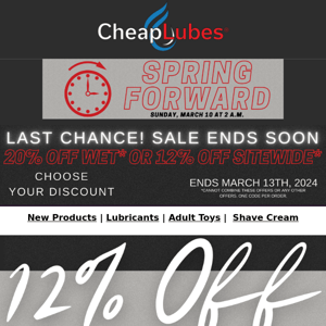 Sping Ahead! Last Call: 20% Off Wet Lubes or 12% Storewide!