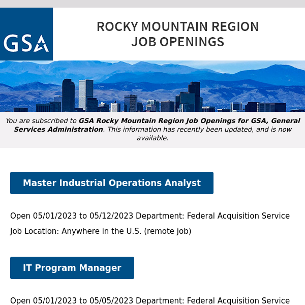 New/Current Job Opportunities in the GSA Rocky Mountain Region