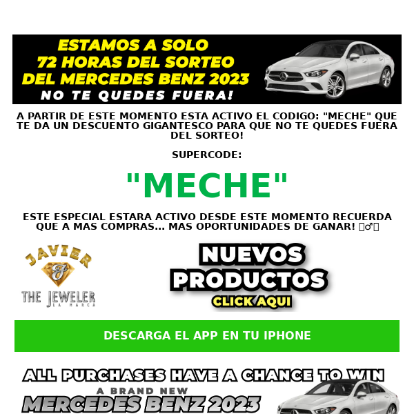 Javier The Jeweler NYC, USA EL SUPERCODE: "MECHE" 🤯 EN 72 HORAS ES EL SORTEO DEL MERCEDES BENZ 2023🔥